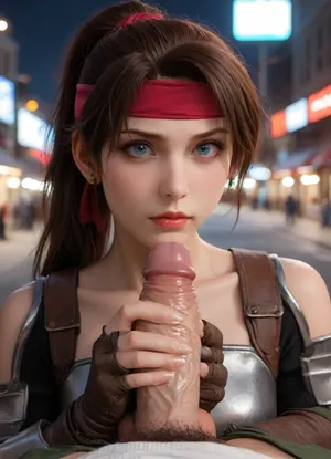 (Masterpice), (HD4K visual), (detailed background), 4K ultra-detailed image, HDR, enhancement, professional photography, precise anatomy, (perfect symmetry, 5 fingers per hand), realistic textures, maximum resolution, sharp focus, NSFW, picture, Jessie Rasberry from Final Fantasy VII with brown hair in a ponytail, a red headband, athletic body, chest armor from the game Final Fantasy VII, green baggy combat pants, metal armor and boots, squattingcowgirl, pussypenetration, one nude man out of view, gigantic thick vainy penis, penis to big to fit, at night, neon shop signs lighting, close up, clear view, ff7, jessie, facial, expression, ratatatat74, incase, style, <lora:ff7 jessie:1.4>, <lora:Expressions XL:1.4>, <lora:ratatatat74-000050:1.4>, <lora:287175_training_data:1.3>