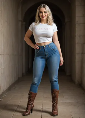 Gorgeous milf is 40 years old, her height is 165 centimeters, her weight is 55 kilograms, broad forehead, straight pointed nose, almond-shaped blue eyes, platinum blonde hair, very long hairstyle, thick silky hair, bright makeup, high cheekbones, toned slim face, straight chin, thick eyelashes, steep arch thin eyebrows, white even teeth in mouth, joyful smile, (legs:1.3), with radiant skin, (breasts under long t-shirt, blue long jeans, high heel gladiator boots), light skin color, warm skin, fit body, fit legs, fit physique, sexy big hips, hourglass figure, (round fake breasts, (DDD-CUP), silicone breasts, bouncy breasts), highly detailed breasts, highly detailed skin, highly detailed face, highly detailed teeth, highly detailed hands, highly detailed arms, highly detailed fingers, highly detailed nails, highly detailed lips, highly detailed eyes, highly detailed legs, highly detailed hair, realistic, (best quality), masterpiece, high resolution, wallpaper 8k, UHD, (high quality), (super detail), 8K, (highest quality), (best details), (perfect lighting), perfect natural lighting, (best shadow), (best shot), (best lighting), (best shadow, best shaded shadows), shot with a Nikon Z7 II camera, narrow waist is 70 centimeters, rounded hips, very high legs, very big bright red lips, plump red lips, fingers with red manicure, yellow gold earings, luxury hooker, she is walking inside a castle, in mountains.