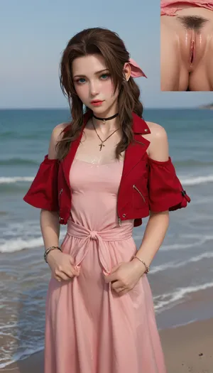 (Masterpice), (HD4K visual), (detailed background), 4K ultra-detailed image, HDR, enhancement, professional photography, precise anatomy, (perfect symmetry, 5 fingers per hand), realistic textures, maximum resolution, sharp focus, NSFW, picture, Aerith Gainsborough from Final Fantasy VII wearing a, ((long pink dress)), black and a short red jacket, hairy pussy, small breasts, perky pointed nipples, ripped clothes, stranded, washed up on shore, wide shot, close up, on a beach, waves in backgrownd, sunny, day time, sun beaming down, incase, style, ratatatat74, defaerith, braided, ponytail, hair, bow, pink, choker, necklace, cropped, jacket, red, short, sleeves, dress, long, altaerith, very, ribbons, drill, star, ballgown, bare, shoulders, strapless, plunging, neckline, bukkake, <lora:287175_training_data:1.4>, <lora:ratatatat74-000050:1.4>, <lora:aerith-xl-nvwls-v1:1.4>, <lora:MS_Real_XL_Bukkake:1.4>, <lora:add-detail-xl:2>