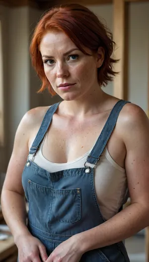 A woman construction painter, a plump mother.Excessively freckled.
A 30-year-old woman.She was working wearing overalls and a very tight T-shirt.It's all stained with paint.
Red-haired, with short hair.Big, very strong shoulders.Very strong forearms.Big boobs.A broad-shouldered mother.A very powerful body. A very angry, angry look at me from under his brows. Big mouth, with big lips.Smirk.A contemptuous, arrogant look full of hatred.