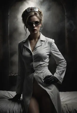 A dominant, nasty, sexy, aroused nurse in Frankenstein's castle takes advantage of the situation and exposes her breathtaking slender body to the viewer. She lies on a rusty hospital bed. Wearing a very, (skimpy open white nurse's coat:1.3), blonde hair, hairy pussy, eye patch, and red rubber gloves, realistic matte skin, she's both frightening and sexy, mad-stpk-ggls, mad-stpk-flcp, mad-stpk-ht, Black, and, white, art, black, shading, charcoal, toned, brutal, dark, b/w, color, scheme, cloudy, smoke, atmospheric, dust, fog, <lora:Gearbound_Steampunk_Chic_2_SDXL:.8>, <lora:Black and white art.V1:.9>, <lora:Cloudy_Style:1.1>, <lora:dark:.1>