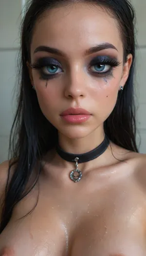 (Young petite tiny cutie girl:1.7), 20 years old, masterpiece, (shiny skin), (((close-up face:1.8))), (skinny:1.5), brown long hair, (blue eyes), (glamorous goth makeup:1.5), (looking seductively:1.6), (((very very big long eyelashes:1.4))), (very busty:1.7), (ab crack), ((wet Skin)), choker, covered long erect nipples, (in the shower), ((she is wearing fishnet stockings contrasting)), shadows, bright light patches, light caustics, (Dynamic angle:1.5), (((best quality))), amazing quality, high contrast, volumetric lighting, intricate details, view from side, woman, on, face, <lora:JustCum:.5>, (((photorealistic))), (((very big lips))), pink lipstick, <lora:illustrious_styles_v3_vpred:.1>, <lora:678016_training_data:.8>, facialized, superfacialized, <lora:facialized:.8>