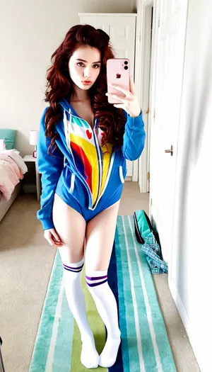 Malay lady, very beautiful, long brunette wavy hair, wearing jacket witn onesie bikini, white knee socks, selfie, wardrobe background, clothes on the floor