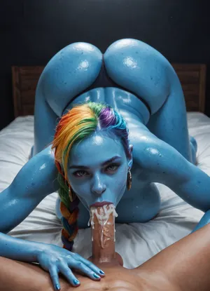 blue alien woman, blue skin, rainbow colored hair in single braid, huge tits, beautiful face, strong jawline, European nose, nordic face, face down with ass up in the air on bed, pov, dark room, neon lighting, oiled skin, shiny skin, thick thighs, hugevass, sucking dick, cum dripping from mouth