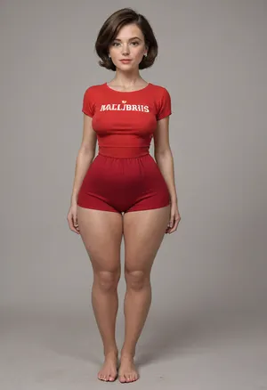 helen parr, mom, married, wife, natural, (wide hips:1.5), (hourglass figure), saggy, ptosis, beautiful face, tan skin, horny expression, wearing, (red, very high waist shorts, red sleeveless v-neck t-shirt shirt tucked in), standing, full body, full waist, (plump pelvis, bulging pubic mound, plump pubis), full lips, plump lips, striking beautiful eyes, captivating eye contact, wearing a wedding ring on her left hand, braless, Wearing, clothes, that, make, sense, with, Braless>, <lora:bralessSDXL_v1_00022:.8>, <lora:Microwaist_XL_v01:.8>