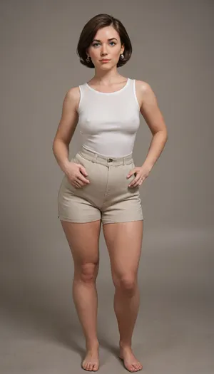 helen parr, mom, married, wife, natural, (wide hips:1.5), (hourglass figure), saggy, ptosis, beautiful face, tan skin, horny expression, wearing, (red, very high waist shorts, plain sleeveless v-neck white t-shirt tucked in), full body view, full waist, (plump pelvis, bulging pubic mound, plump pubis), full lips, plump lips, striking beautiful blue eyes, captivating eye contact, wearing a wedding ring on her left hand, braless, Wearing, clothes, that, make, sense, with, Braless>, <lora:bralessSDXL_v1_00022:.8>, <lora:Microwaist_XL_v01:.8>