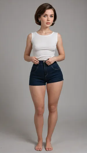 helen parr, mom, married, wife, natural, (wide hips:1.5), (hourglass figure), saggy, ptosis, beautiful face, tan skin, horny expression, wearing, (red, very high waist shorts, plain sleeveless v-neck white t-shirt tucked in), full body view, full waist, (plump pelvis, bulging pubic mound, plump pubis), full lips, plump lips, striking beautiful big eyes, captivating blue eyes, eye contact, wearing a wedding ring on her left hand, braless, Wearing, clothes, that, make, sense, with, Braless>, <lora:bralessSDXL_v1_00022:.8>, <lora:Microwaist_XL_v01:.8>