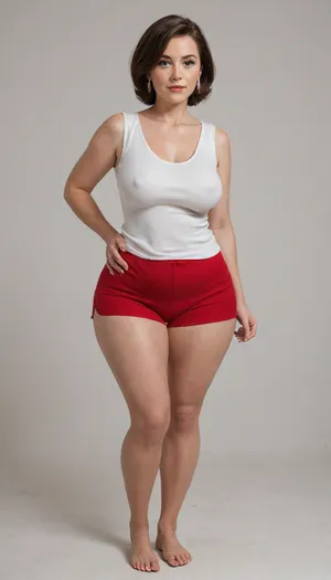 (mature:1.5), helen parr, mom, married, wife, natural, (wide hips:1.5), (hourglass figure), large saggy breasts, ptosis, long hair, beautiful face, tan skin, horny expression, wearing, (red very high waist shorts, plain sleeveless v-neck white t-shirt tucked in), full body view, full waist, (plump pelvis, bulging pubic mound, plump pubis), full lips, plump lips, striking beautiful big eyes, (captivating striking light blue eyes), eye contact, wearing a wedding ring on her left hand, braless