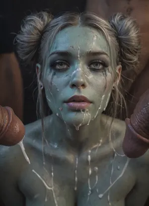 Blue alien stripper in alien strip club, dark blue skin, huge tits, rainbow colored hair in 2 buns, bukkake, group of men cumming neon green cum onto her, beautiful face, strong jawline, European nose, metallic silver eye makeup