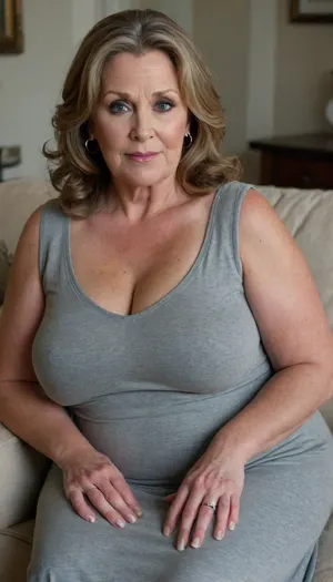 (An insanely gorgeous very busty very obese looking 60 year old married housewife sitting on a couch), enormous boobs, natural look, braless, plunging neckline, tight knit sleeveless sweater dress, short, looking at the viewer, captivating gray eyes, (wearing a wedding ring on her left hand ring finger)