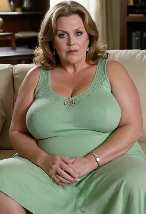 (An insanely gorgeous very busty very obese looking 60 year old married housewife sitting on a couch), enormous boobs, natural look, braless, tight knit sleeveless sweater dress, short, looking at the viewer, captivating green eyes, wearing a wedding ring with large diamond on her left hand