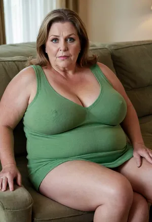 (An insanely gorgeous very busty very obese looking 60 year old married housewife sitting on a couch), enormous boobs, natural look, braless, tight sleeveless sweater, short skirt, looking at the viewer, captivating green eyes