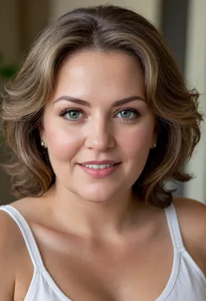 Lubica stepaunt, Ultra realistic and life like upper body Portrait of a obese fat bbw 60 year old mature woman. She is wearing a white sleeveless top with a plunging neckline. She is not wearing a bra under her clothing and appears braless. Her bust is full, and her breasts are saggy. Mature face, and facial features, chubby face, round face. captivating eyes, striking beautiful eyes, detailed eyes, detailed skin, plump lips, juicy lips, pretty smile, lips parted, teeth showing, wrinkles. Her hair is parted on the side and frames her face softly. Her smile is genuine and friendly, with crinkles at the corners of her eyes, suggesting a joyful and confident nature. She is looking directly at the camera with a relaxed and approachable gaze.Her complexion is smooth and radiant. PHOTOREALISTIC, highly detailed, an exotic Eastern European and Mediterranean appearance. Her captivating light green eyes are expressive and warm, framed by subtle lines at the corners. Her full, plump, naturally colored lips are in a, big inviting smile. Her warm, natural complexion shows age-appropriate wrinkles and skin imperfections. Her multi-toned brown hair, with natural streaks of light brown and hints of silver or gray at the temples, is styled in soft waves. Her skin displays faint stretch marks, adding to her realistic mature beauty. Her posture is confident and relaxed, exuding inherent sensuality. The image should capture rich detail, emotional intimacy, and visual realism, showcasing her mature beauty and seductive body language. Shot on Canon EOS R5, 85mm f/1.2, studio lighting., ((high quality, 4k, realistic, high detailed, insanely detailed, real, best quality, ultra-detailed, fine detail, professional photography, taken with Canon EOS 5D Mark IV DSLR, aperture f/8, shutter speed 1/250 sec, ISO 100, highres, 8k wallpaper, cinematic lighting, masterpiece, heavily upvoted)), ((masterpiece)), high detail, complex details, OverallDetail, perfect lighting, professional realistic photo