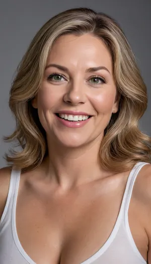 (mature:1.5), Lubica stepaunt, Ultra realistic and life like upper body Portrait of a full figured curvaceous bbw 60 year old mature woman. She is wearing a white sleeveless top with a plunging neckline. She is not wearing a bra under her clothing and appears braless. Her bust is full, and her breasts are saggy. Mature face, and facial features, chubby face, round face. captivating eyes, striking beautiful eyes, detailed eyes, detailed skin, plump lips, juicy lips, pretty smile, lips parted, teeth showing, wrinkles. Her hair is parted on the side and frames her face softly. Her smile is genuine and friendly, with crinkles at the corners of her eyes, suggesting a joyful and confident nature. She is looking directly at the camera with a relaxed and approachable gaze.Her complexion is smooth and radiant. PHOTOREALISTIC, highly detailed, an exotic Eastern European and Mediterranean appearance. Her captivating light green eyes are expressive and warm, framed by subtle lines at the corners. Her full, plump, naturally colored lips are in a, big inviting smile. Her warm, natural complexion shows age-appropriate wrinkles and skin imperfections. Her multi-toned brown hair, with natural streaks of light brown and hints of silver or gray at the temples, is styled in soft waves. Her skin displays faint stretch marks, adding to her realistic mature beauty. Her posture is confident and relaxed, exuding inherent sensuality. The image should capture rich detail, emotional intimacy, and visual realism, showcasing her mature beauty and seductive body language. Shot on Canon EOS R5, 85mm f/1.2, studio lighting., ((high quality, 4k, realistic, high detailed, insanely detailed, real, best quality, ultra-detailed, fine detail, professional photography, taken with Canon EOS 5D Mark IV DSLR, aperture f/8, shutter speed 1/250 sec, ISO 100, highres, 8k wallpaper, cinematic lighting, masterpiece, heavily upvoted)), ((masterpiece)), high detail, complex details, OverallDetail, perfect lighting, professional realistic photo