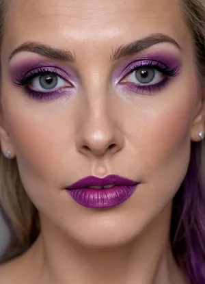 ultra-realistic, 8K HD, thin 60-years old woman, detailed face, detailed hair, intense purple eyes, many wrinkles, prominent cheekbones, very thin upper lip, (heavy eye makeup:1.5), nose piercing, (close-up:1.5)