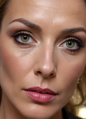 ultra-realistic, 8K HD, thin 60-years old woman, detailed face, detailed hair, intense golden eyes, many wrinkles, prominent cheekbones, very thin upper lip, (heavy eye makeup:1.5), nose piercing, (close-up:1.5)