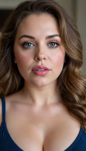 Mature milf, chubby face, big lips, juicy lips, realistic Portrait, up close picture of face. symmetrical face. wavy brown balayage hair, big-eyed brunette, no makeup, (big blue eyes), (full lips:1.4), (chubby cheeks:1.2), (small nose:1.2), sexy look. Tight v-neck spaghetti strap tank top, hard nipples