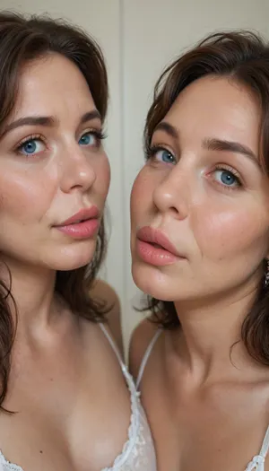 (mature:1.5), 2gilfs, Mature milf, chubby face, big lips, juicy lips, realistic Portrait, up close picture of face. symmetrical face. wavy brown balayage hair, big-eyed brunette, no makeup, (big blue eyes), (full lips:1.4), (chubby cheeks:1.2), (small nose:1.2), sexy look. Tight v-neck spaghetti strap tank top, hard nipples