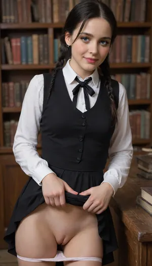 Sexy 25 yearold girl, bending on corner of desk, (young, cute, tiny, pretty, petite), (((large blue eyes))), (((long black hair))), wednesday Addams oufit, she lifts her skirt, her small pussy exposed, ((realistic tiny vagina)), ((ejaculating from her tiny pussy)), ((shy, smiling), (blushing:1.5)), in medieval library with books stacked on tables, ((upskirt view)), film photography, vintage, realistic, sharp focus, (very detailed), ((4K HQ)), High contrast, panties pull