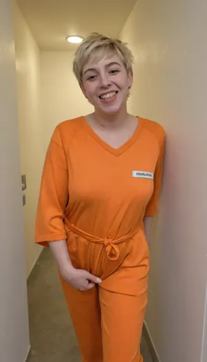 Full body view, She is wearing a closed orange prison jumpsuit, a numbered jumpsuit, the jumpsuit is shot. She is standing in the prison corridor., (grandmother:1.5), lonely, real casual old woman with, (short light blonde pixie-cut cut with bangs), (extremely ugly butterface:1.5), (open eyes), squinty eyes, sweet eyes, sweet smile, (dimple:1.2), (very big teeth:1.5), (wide nose:1.5), (freckles:1.5), (natural sagging and very flabby breasts size d), (big cunt), (old wrinkled skin), stacked old woman, perfect body, exhibitionist, no panties, High detailed photo, high quality photo, same glamour model, m4y4, short, hair, black, jewelry, <lora:maya666-09:.8>, b1ll1blu3, <lora:b1ll1blu3:.8>