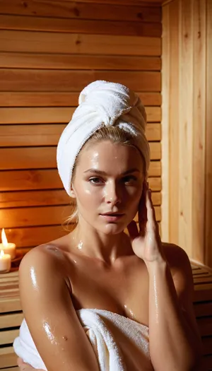 in spa, in wooden sauna, soft lighting, woman wearing a towell, blonde, dressed with towell, caressing her face with cream, oiled body, stunning perfume, soft massage with cream, taking a bath in hot water pool with foam