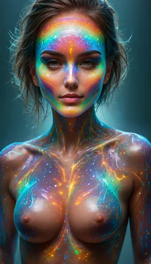 best quality, 4k, photorealistic, ultra-detailed, (((((((close up frontal view of entire body and face))))))), neon-lit dystopian urban cityscape at night, vibrant electric blue, aqua, and green neon signs and lights reflecting off wet pavement, towering skyscrapers silhouetted against glowing multicolored sky, Two gorgeous 20-year-old women in revealing raver outfits, skimpy neon-colored crop tops exposing their toned midriffs and perky breasts held high by tight underwire bras, high-waisted micro miniskirts showing off their phat asses and petite thick thighs, neon fishnets, (bimbo lips, sexy smiles), heading to the next underground rave or orgy party where they'll lose themselves in wild debauchery fueled by drugs and electronic dance music. highly detailed textures and lighting effects accentuating every curve and crevice of their curvy bodies as they navigate through this eerie yet erotic world of perpetual free love illuminated only by pulsing neon hues. 8k resolution for maximum clarity, (vivid colors), (cinematic lighting), ((extreme detail)), DonMSp3ctr4lXL, Colorsplash, ral-czmcrnbw, flux-style, <lora:attractive_notrigger:2>, <lora:DonMSp3ctr4lXL-000008:1>, <lora:SDXLPaintSplash:.6>, <lora:ral-czmcrnbw-sdxl:1>, <lora:aidmaFluxStyleXL-v0.2:1.5>