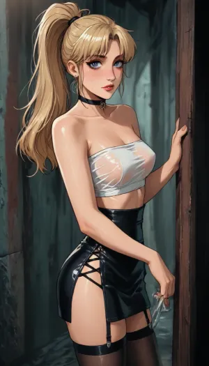 Score_9, score_8_up, score_7_up, reiq meets markgavatino art style, 22 year old, black stockings with garters, (garters:1.3), (makeup:1.3), black choker, leather micro skirt, (white wet transparent tube_top), ((woman, standing)), (seductive face:1.4), ((long_straight_blonde_hair in a high ponytail)), standing, looking up at you, (((teary eyes))), cute, ratatatat74, <lora:cutedoodle_XL-000012:.8>, <lora:ratatatat74-000050:.8>, <lora:NEOTOKIOXL_0.2_RC:.8>, <lora:outline_xl_kohaku_delta_spv5x:.8>