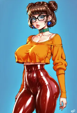 Super realistic 8k style, score_9, score_8_up, score_7_up, FILM PHOTOGRAPHY STYLE, velma dinkley from scooby doo, brunette, two buns hairstyle, slut, extremely pretty face, oiled skin, tanned, huge natural saggy tits, solid color background, huge natural tits, big boobs, fit, super waist, waist, fit thighs, medium tight ass, medium round ass, collar, womens off shoulder graphic tee stretched crop top, pouting big lips, looking at viewer, horny, long legs, hdr, ultra detailed face, clothe on, teasing viewer, sexy poses, <lora:detailed_notrigger:2>, <lora:add-detail-xl:.8>, <lora:LCMTurboMix_Euler_A_fix:.8>, <lora:677862_training_data:.8>