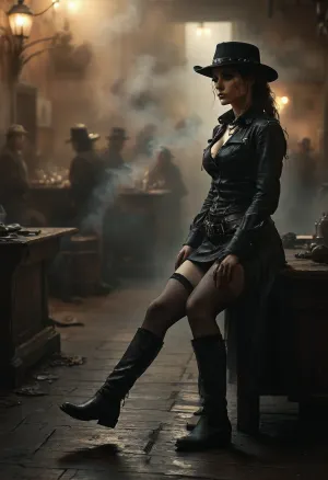 Monochrome, Wild West 1790, portrait of a super sexy athletic and flat-chested gunslinger stands relaxed on a dusty road, she wears a long black leather coat, underneath a rough men's shirt with buttons, a dark black miniskirt, (black fishnet stockings:1.4), cowboy boots, a cartridge belt with a pistol holder around her waist, her dusty black hat is pulled low over her face, the shadow on her face gives her a dangerous aura, Leaning casually against the polished wooden bar of a smoky frontier saloon, whiskey glass in one hand. Warm golden lamplight, card tables and piano in the background, cowboys and gamblers glancing her way. Sawdust on the floor, haze of cigar smoke in the air, filled with dust and smoke, emphasizing a cinematic, dystopian cowboy atmosphere, art Style & Technique is a dirty old style, Ultra-realistic digital painting with cinematic depth of field. Highly detailed texturing on leather, skin, and hair. Realistic dirt and dust. Use dramatic contrast lighting and warm dusty tones. Filmic grain and volumetric light rays for atmospheric immersion. Inspired by concept art for gritty western or steampunk video games. Moody and dynamic composition, with a sharp foreground focus and a slightly blurred background to create depth, masterpiece, best quality, ultra-detailed, cinematic lighting, wild west, smoking weed, cannabis, Ultra-realistic Western art, highly detailed, cinematic moody lighting, tense but charismatic atmosphere., crowd, of, people, FRESHIDEAS, Real, Photography, 2#, Black, and, white, art, black, shading, charcoal, toned, brutal, dark, b/w, color, scheme, from, below, shoes, delicate, detailed, eyes, <lora:FRESHIDEAS Real Photography 2#:.8>, <lora:crowd_notrigger:.8>, <lora:MJ52:.8>, <lora:Black and white art.V1:1.9>, <lora:underanglexl16:1.9>