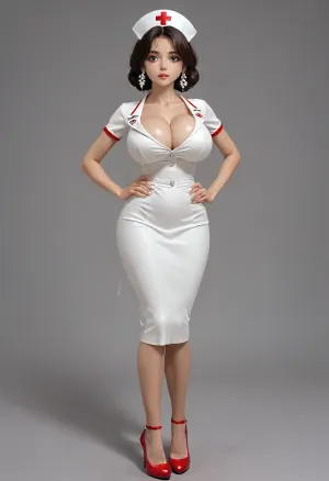 Super realistic 8k style, big tits, Allison Scagliotti "Vault 13", gorgeous, nurse, massive breasts, breast expansion, waist, wearing nurse uniform, very tight clothes, juicy lips, busty, oiled up, perfect round large ass, cleavage, massive bulging breasts, big breasts bulging in uniform, strongbana art, lucky star artstyle, cle masahiro art, cayyless art, high heels, hd, full body viev