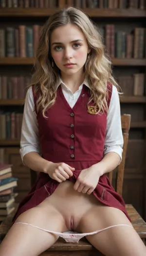 Sexy 25 yearold girl, (young, cute, tiny, pretty, petite), (((large brown eyes))), (((long blonde hair))), futanari Hermione Granger in Hogwarts uniform, she lifts her skirt, her small pussy exposed, sitting in chair, legs open, ((realistic tiny vagina)), ((ejaculating from her tiny pussy)), ((shy, shocked, ashamed, embarrassed), (blushing:1.5)), in medieval library with books stacked on tables, panties down halfway