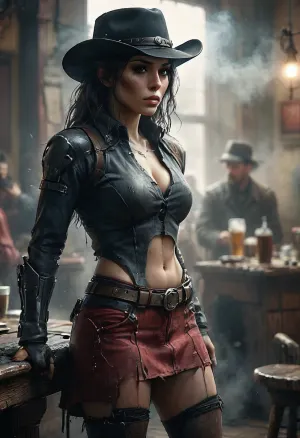 Monochrome, Wild West 1790, backside view of a super sexy athletic and flat-chested gunslinger stands drunk in a saloon, lifts up her dark red miniskirt, she wears, (a long beige dirty used coat:1.3), underneath a white cotton rough men's shirt with buttons, (a dark red miniskirt:1.4), (black fishnet stockings:1.4), cowboy boots, (a cartridge belt with a pistol holder around her waist:1.4), her dusty black hat is pulled low over her face, perfect face, perfect hands, dangerous aura, leaning tipsy against the polished wooden bar of a smoky frontier saloon, (whiskey glass in one hand:1.3), warm golden lamplight, card tables and piano in the background, cowboys and gamblers glancing her way. Sawdust on the floor, haze of cigar smoke in the air, filled with dust and smoke, emphasizing a cinematic, dystopian cowboy atmosphere, art Style & Technique is a dirty old style, Ultra-realistic digital painting with cinematic depth of field. Highly detailed texturing on leather, skin, and hair, dramatic contrast lighting and warm dusty tones, a sharp foreground focus and a slightly blurred background to create depth, masterpiece, best quality, ultra-detailed, cinematic lighting, wild west, smoking weed, cannabis, Ultra-realistic Western art, highly detailed, cinematic moody lighting, tense but charismatic atmosphere., crowd, of, people, FRESHIDEAS, Real, Photography, 2#, Black, and, white, art, black, shading, charcoal, toned, brutal, dark, b/w, color, scheme, mad-2cbrrm, mad-1cbrrm, <lora:FRESHIDEAS Real Photography 2#:.8>, <lora:crowd_notrigger:.8>, <lora:MJ52:.8>, <lora:Black and white art.V1:1.9>, <lora:Neon_Cyberpunk_Cyberarm_SDXL:.8>