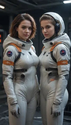 there are two people in space suits standing next to each other, sci-fi illustration, sci, fi illustration, scifi illustration, dark sci-fi art, fi pilot, science fiction concept art, sci-fi digital painting, sci fi characters, sci-fi illustrations, fi illustrations, futuristic starship crew member, sci fi digital painting, futuristic spacesuit