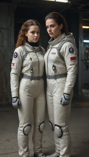 there are two people toppless in space suits standing next to each other, sci-fi illustration, sci, fi illustration, scifi illustration, dark sci-fi art, fi pilot, science fiction concept art, sci-fi digital painting, sci fi characters, sci-fi illustrations, fi illustrations, futuristic starship crew member, sci fi digital painting, futuristic spacesuit