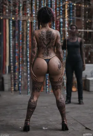 Rear view. Black woman facing away from viewer. Carnival performer, Brazilian carnival. Carnival parade background. Bright rainbow hair. Black woman. Dark skin. Ebony skin. Very dark skin. Black woman. Black girl. African American heritage. Dark as the night, (Black skin:1.9), ., (Slutty tattoos:1.8), . Full body render. Thong to the side. Bright rainbow thong. G-string thong. Showing pussy. Hand on pussy. Pussy showing. Rear view pussy. Pink pussy, bright pink pussy, swollen labia, spreading pussy., (Skin wet:1.4), cum on chest. Cum on tits. Hard nipples., (Big tits:1.2), Nipple rings. Chain necklace. Nipple chain. Cum on stomach. Cum on pussy. Clit ring, (clit piercing:1.8)