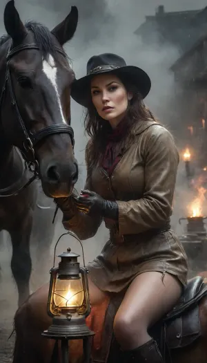 Monochrome, Wild West 1790, view directly from the front of a super sexy athletic and flat-chested gunslinger riding her horse through the Rocky Mountains in a hard rainy night, (sits on horse saddle:1.7), (entire horse in frame:1.9), (oil lamp in one hand:1.4), (warm golden flame from the oil lantern illuminates her face and body:1.5), in rainy darkness, (hard rain:1.3), (soaked wet clothes:1.3), she wears, (a wet long beige dirty used coat:1.3), underneath a wet white cotton rough men's shirt with buttons, (a wet dark red miniskirt:1.4), (black fishnet stockings:1.4), cowboy boots, her very wet black hat is pulled low over her face, perfect face, perfect hands, dangerous aura, leaning forward against the rain and mist, wet perfect horse, breathtaking nature, emphasizing a cinematic, dystopian cowboy atmosphere, art Style & Technique is a dirty old style, Ultra-realistic digital painting with cinematic depth of field. Highly detailed texturing on leather, skin, and hair, dramatic contrast lighting and warm oil lamp light, a sharp foreground focus and a slightly blurred background to create depth, masterpiece, best quality, ultra-detailed, cinematic lighting, wild west, smoking weed, cannabis, Ultra-realistic Western art, highly detailed, cinematic moody lighting, tense but charismatic atmosphere, FRESHIDEAS, Real, Photography, 2#, Black, and, white, art, black, shading, charcoal, toned, brutal, dark, b/w, color, scheme, kisyu, horse, riding, hvrn, heavy, rain, <lora:FRESHIDEAS Real Photography 2#:.8>, <lora:Black and white art.V1:2>, <lora:kisyu_XL_V1.0:1.2>, <lora:607315_training_data:2>, <lora:FLUX mimic - XL - SDXL v4.0:2>