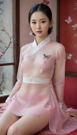 A realistic painting of a beautiful korean goddess wearing a sheer fabric hanbok, high detailed clothes. Her black shiny hair is decorated with butterfly-shaped gemstone accessories. Her round and natural eyes sparkle like stars in the night. Her cheeks are soft and rosy like peaches. Her lips are as red as a cupid's bow. Her waist is slim but curvy. Her small breasts are towering high and her nipples perking. She sits on the red couch with her legs spread and one knee up like a masculine woman. Her skin is white and shiny. Her thighs are slender and smooth like white porcelain. Her bald pussy looks tight and narrow like a red thin line., hanbok, dangui, clothes, no, bra, covered, nipples, <lora:xl_more_art-full_v1:.8>, <lora:SDXL_Dangui_LoRA_beta4:.8>, <lora:nobrav1_SDXL:.8>