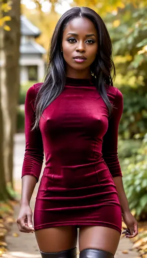 (masterpiece, best quality:1.2), 35 year old beautiful dark skin ebony black African woman, (1 woman in maroon velvet minidress, leather boots:1.4), full makeup, lipstick, glasses, jewelry, open mouth, layered and styled straight hair, realistic, real, face, hyper, realsitic, outdoors, in sunny cold autumn bohemian castle park, she goes for a walk, (her face is covered with cum, cum on her chest, cum on clothes, cum threads drip from chin:1.4), photorealism, braless, Wearing, clothes, that, make, sense, with, Braless>, skirtlift, full length, full body view, <lora:style_lora_realis:.5>, <lora:bralessSDXL_v1_00022:.5>, <lora:skirtlift_xl:.8>