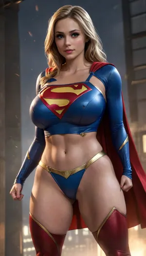(realistic:1.7), (Supergirl:1.5), (full body view:1.5), (bright eyes), (realistic expression), highly detailed hdr photo, (Wearing a Skimpy Supergirl costume:1.5), Overflowing deep cleavage, (voluptuous hourglass figure, muscular athletic build), (super massive breasts:1.5), (muscular arm, muscular thighs:1.2), Brave and confident, gigantic breasts, <lora:SDXL_MassiveCowsLoRA_v1:.5>, <lora:add-detail-xl:.5>, <lora:style_lora_realis:.5>, <lora:milkers_v2:.5>