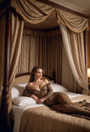 Victorian era, aristocratic bedroom, aristocrats canopy bed with curtains, night time, lavish bedroom, extravagant bedroom, (mature bimbo noblewoman), leopard print leotard, busty, woman laying on side on bed