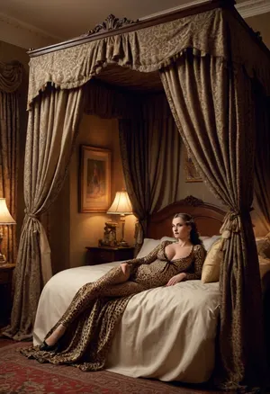 Victorian era, aristocratic bedroom, aristocrats canopy bed with curtains, night time, lavish bedroom, extravagant bedroom, (mature bimbo noblewoman), leopard print leotard, busty, woman laying on side on bed