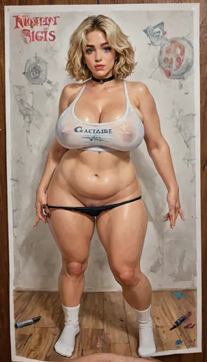 Reiq art style.
masterpiece, high quality, intristic, detailed, 26 years old chubby woman, full body, blonde hair, short straight hair, care haircut, bangs, choker, melancholic, big blue eyes, thick brows, blush, big chest, huge breasts, standing, spread legs, black panties, panty pull, feet, BBW, tall, pussy, white kneesocks, nsfw, white crop top, defined abs, BREAK traditional media, watercolor, (medium), paper, painting, Charcoal, drawing, colored, crayons, black, pencil, and, white, graphite, <lora:panty_pull:1>, <lora:DonaughtX2Lora-000105:.8>, <lora:LCMTurboMix_Euler_A_fix:.8>, <lora:Black_pencil_drawing-000001:1.3>