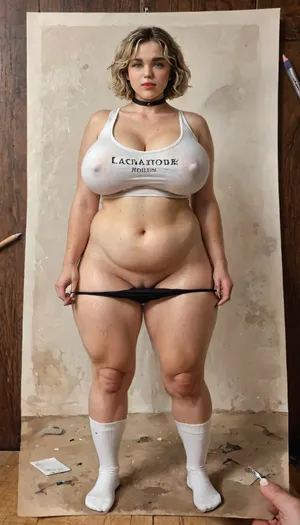 Pencil drawing art style.
masterpiece, high quality, intristic, detailed, 26 years old chubby woman, full body, blonde hair, short straight hair, care haircut, bangs, choker, melancholic, big blue eyes, thick brows, blush, big chest, huge breasts, standing, spread legs, black panties, panty pull, feet, BBW, tall, pussy, white kneesocks, nsfw, white crop top, defined abs, BREAK traditional media, watercolor, (medium), paper, painting, Charcoal, drawing, colored, crayons, black, pencil, and, white, graphite, <lora:panty_pull:1>, <lora:DonaughtX2Lora-000105:.8>, <lora:LCMTurboMix_Euler_A_fix:.8>, <lora:Black_pencil_drawing-000001:1.3>