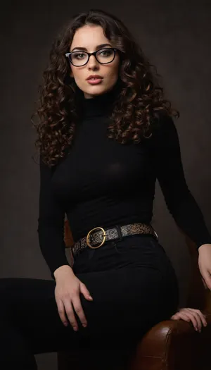 hot brunette, (dark long curly hair), black tight jeans, belt, tight dark turtleneck, glasses, sitting facing viewer, legs crossed, extreme narrow waist, ((extreme big butt)), big tits