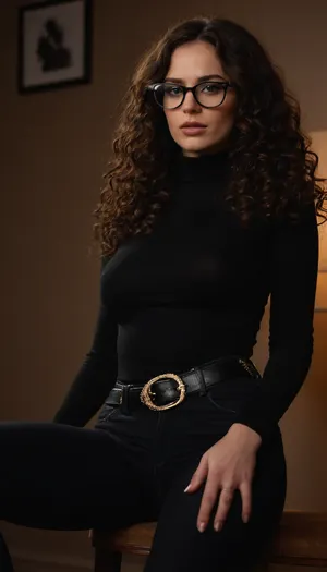 hot brunette, (dark long curly hair), black tight jeans, belt, tight dark turtleneck, glasses, sitting facing viewer, legs crossed, extreme narrow waist, ((extreme big butt)), big tits
