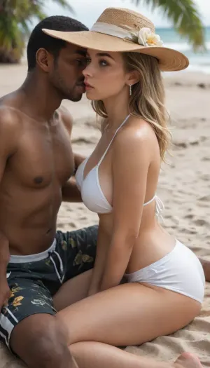 natural daylight, soft shadows, ((((an old dark skinned man sitting with her:1.9)))), detailed eyes, natural expression, realistic hair strands, smooth skin, natural fit curves, perfect body, elegant and feminine body shape, 1, 65cm tall, ((blond hair)), perfectly round medium firm breasts, perfect ass, Sensual tropical beach, ((((an old dark skinned man sitting directly beside her:1.15)))), (((he is wearing swim trunks:1.7))), woman sitting on her side, ((((the old dark skinned man leans in kisses her on the lips:1.15)))), (((on soft white sand:1.6))), wide sun hat, ((((white bikini:1.9)))), arm supporting body, shapely legs slightly bent, gentle waves nearby, tropical light casting soft shadows, relaxed and seductive