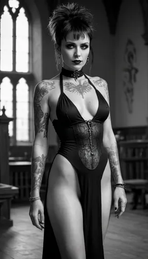 19th century vintage monochrome victorian photography, scratches and unperfections, walk, walking, 70 years old, sensual, inteligent oldschool half clothed heavymetal nun in robe, sensual, small tits, seductive big lips, tin punk babe, facing the viewer, skin full of tattoos, punk tattooes, collar bone tattoo, punk mohawk, goth bi bangs, hair with goth bangs, (punk hairstyle), well defined body, busty, pierced nipples, extremely hairy woman, showing armpits, untrimmed very hairy pussy, monochrome in accient gothic chapel, indoor
