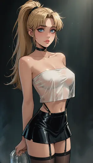 Score_9, score_8_up, score_7_up, reiq meets markgavatino art style, 22 year old, black stockings with garters, (garters:1.3), (makeup:1.3), black choker, leather micro skirt, (white wet transparent tube_top), ((woman, standing)), (seductive face:1.4), ((long_straight_blonde_hair in a high ponytail)), standing, looking up at you, (((teary eyes))), cute, ratatatat74, <lora:cutedoodle_XL-000012:.8>, <lora:ratatatat74-000050:.8>, <lora:NEOTOKIOXL_0.2_RC:.8>, <lora:outline_xl_kohaku_delta_spv5x:.8>