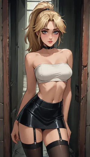 Score_9, score_8_up, score_7_up, reiq meets markgavatino art style, 22 year old, black stockings with garters, (garters:1.3), (makeup:1.3), black choker, leather micro skirt, (white tube_top), perky tits, ((woman, standing)), (seductive face:1.4), ((long_straight_blonde_hair in a high ponytail)), standing, looking up at you, (((teary eyes))), cute, ratatatat74, <lora:cutedoodle_XL-000012:.8>, <lora:ratatatat74-000050:.8>, <lora:NEOTOKIOXL_0.2_RC:.8>, <lora:outline_xl_kohaku_delta_spv5x:.8>