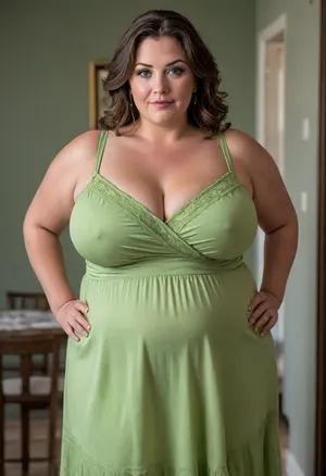 PHOTOREALISTIC, highly detailed full body view portrait of Lubica Stepaunt, wearing a spaghetti strap sundress with plunging neckline, obese, (ssbbw:1.5), a 58-year-old mature woman with an exotic Eastern European and Mediterranean appearance with tan olive skin tone. Natural and not wearing any makeup. Her natural Mediterranean complexion is smooth and radiant, with features of a mature milf. Her, (captivating glowing mix of green and amber eyes:1.3), are expressive and captivating, framed by subtle lines, wrinkles, at the corners. Her full, naturally colored lips are open in a sexy, lustful smile. Her warm, natural complexion shows age-appropriate wrinkles and skin imperfections. Her brown hair, with natural streaks of gray and hints of silver at the temples, is styled in soft waves with fringe bangs. Her skin displays stretch marks, adding to her realistic mature beauty. Her posture is confident and relaxed, exuding inherent sensuality. The image should capture rich detail, emotional intimacy, and visual realism, showcasing her mature beauty and seductive body language., ((high quality, 4k, realistic, high detailed, insanely detailed, real, best quality, ultra-detailed, fine detail, professional photography, taken with Canon EOS 5D Mark IV DSLR, aperture f/8, shutter speed 1/250 sec, ISO 100, highres, 8k wallpaper, cinematic lighting, masterpiece, heavily upvoted)), ((masterpiece)), high detail, complex details, OverallDetail, perfect lighting, professional realistic photo